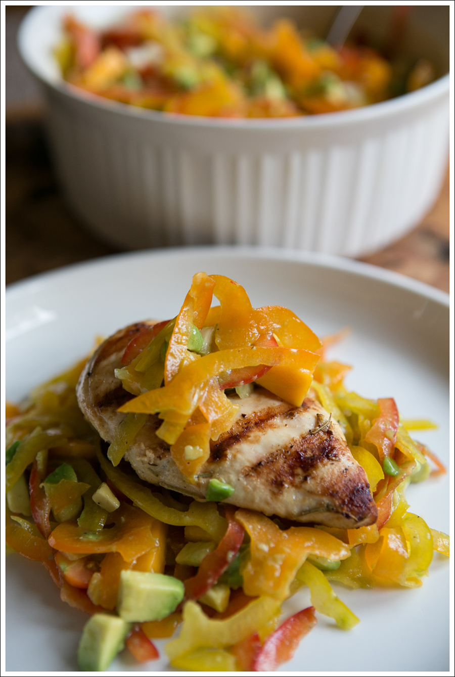 Blog Paleo Spiralized Peppers with Tomatos, Mango, and Avocado Salad over Grilled Chicken-7