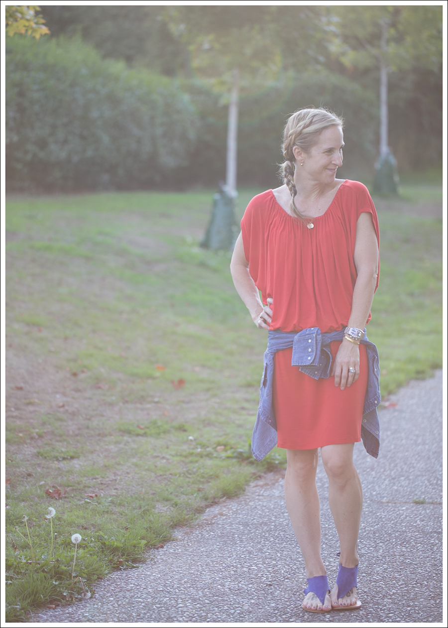 Blog Cynthia Vincent Red Tee Dress Gap Denim Shirt Cocobelle Suede Tie Thong Sandals-1