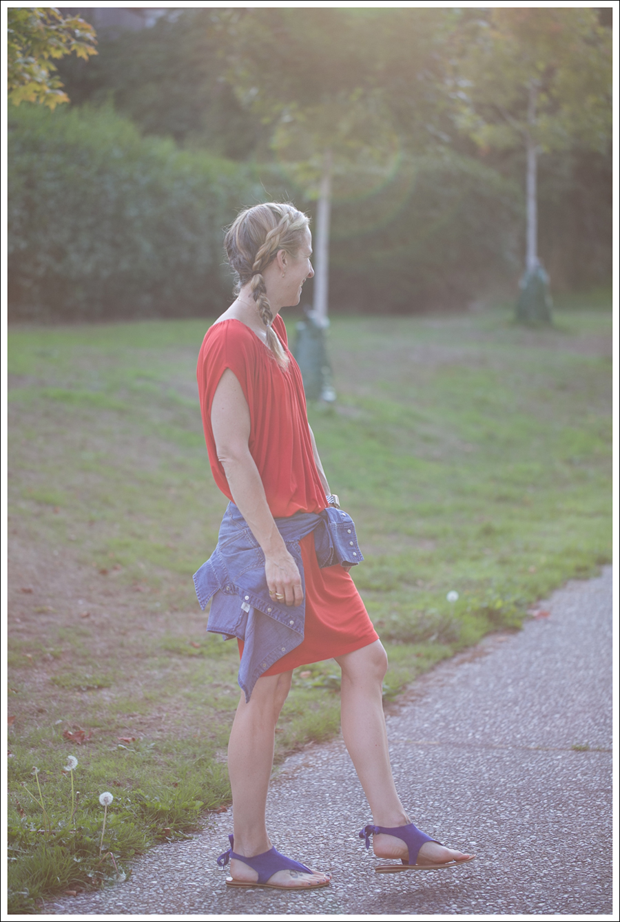 Blog Cynthia Vincent Red Tee Dress Gap Denim Shirt Cocobelle Suede Tie Thong Sandals-2