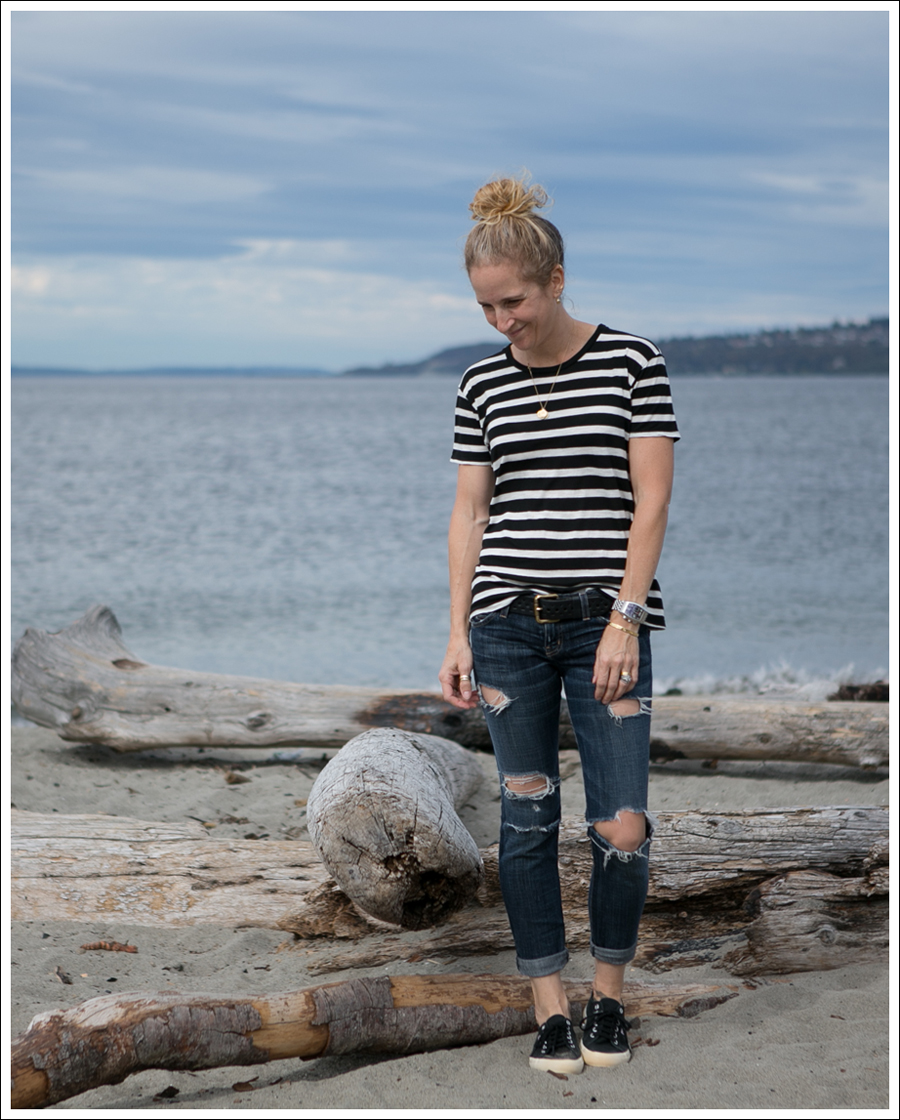 Blog Lily Aldridge for Velvet Striped Tee Current Elliott Cropped Skinny Loved Destroy Black Superga-1