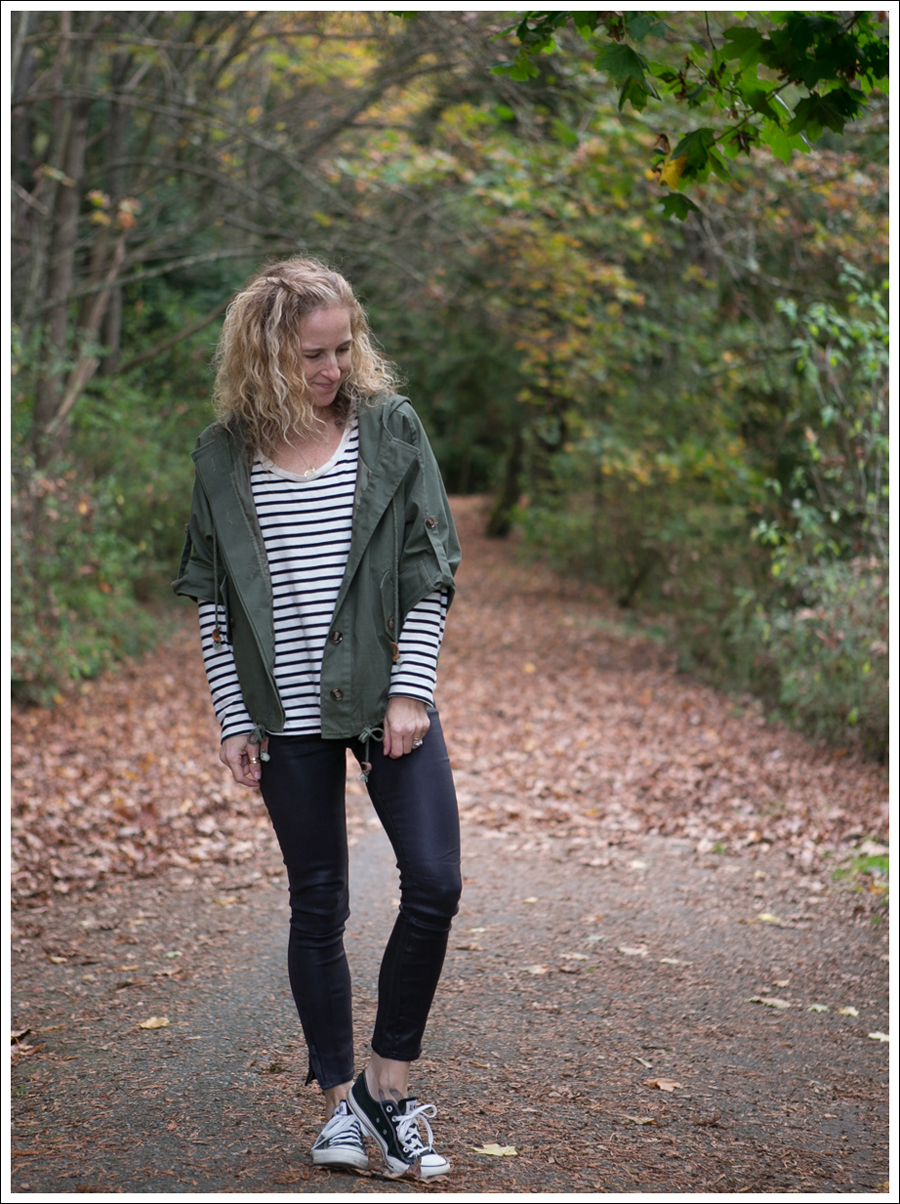 Blog StyleMint Anorak Striped Tee Helmut Lang High Gloss Cropped Skinny Jeans Black Converse-1