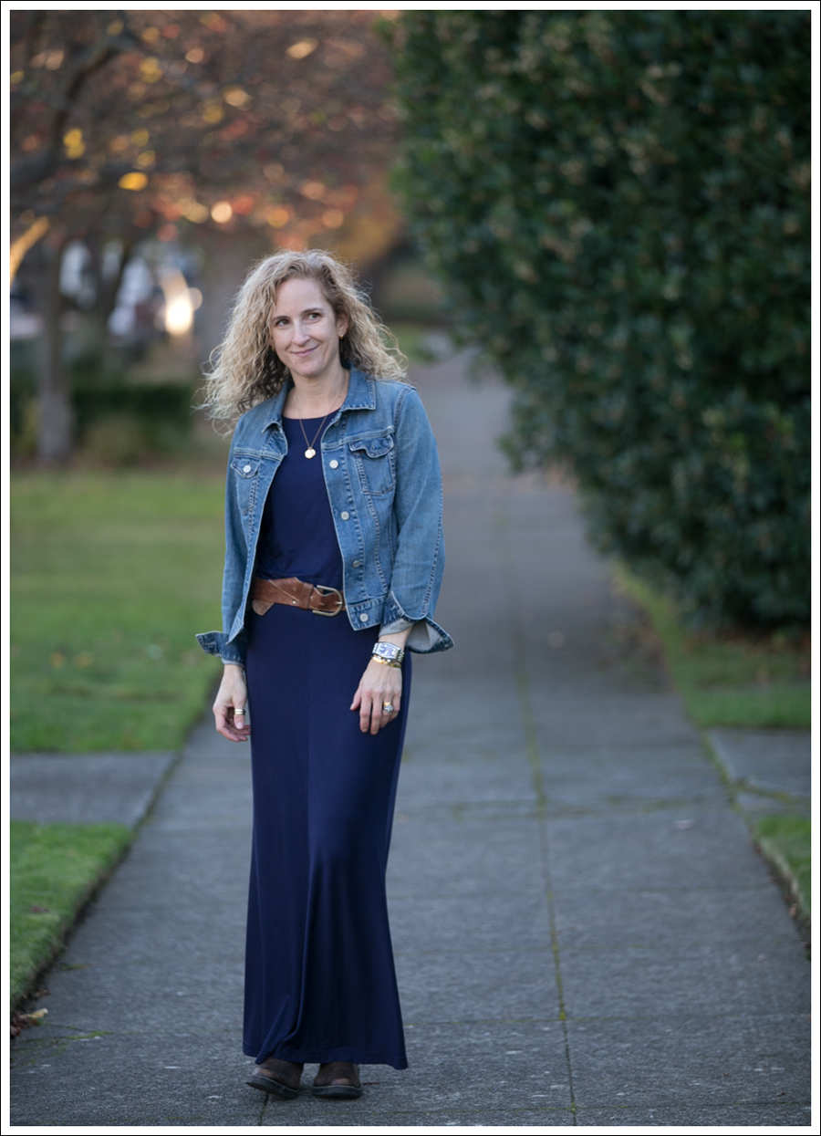 Blog Gap Denim Jacket Three Dots Seam Detail Maxi Dress Cafe Noire Booties-1