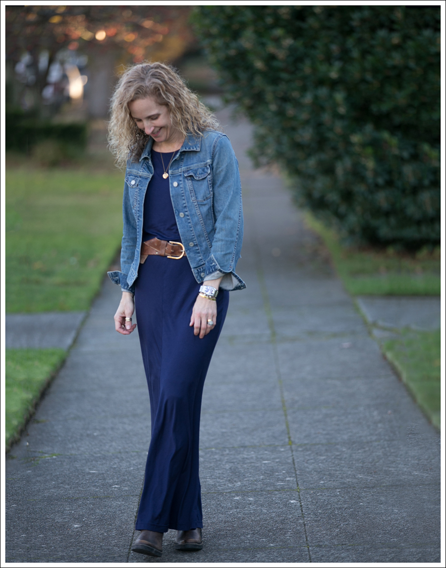 Blog Gap Denim Jacket Three Dots Seam Detail Maxi Dress Cafe Noire Booties-