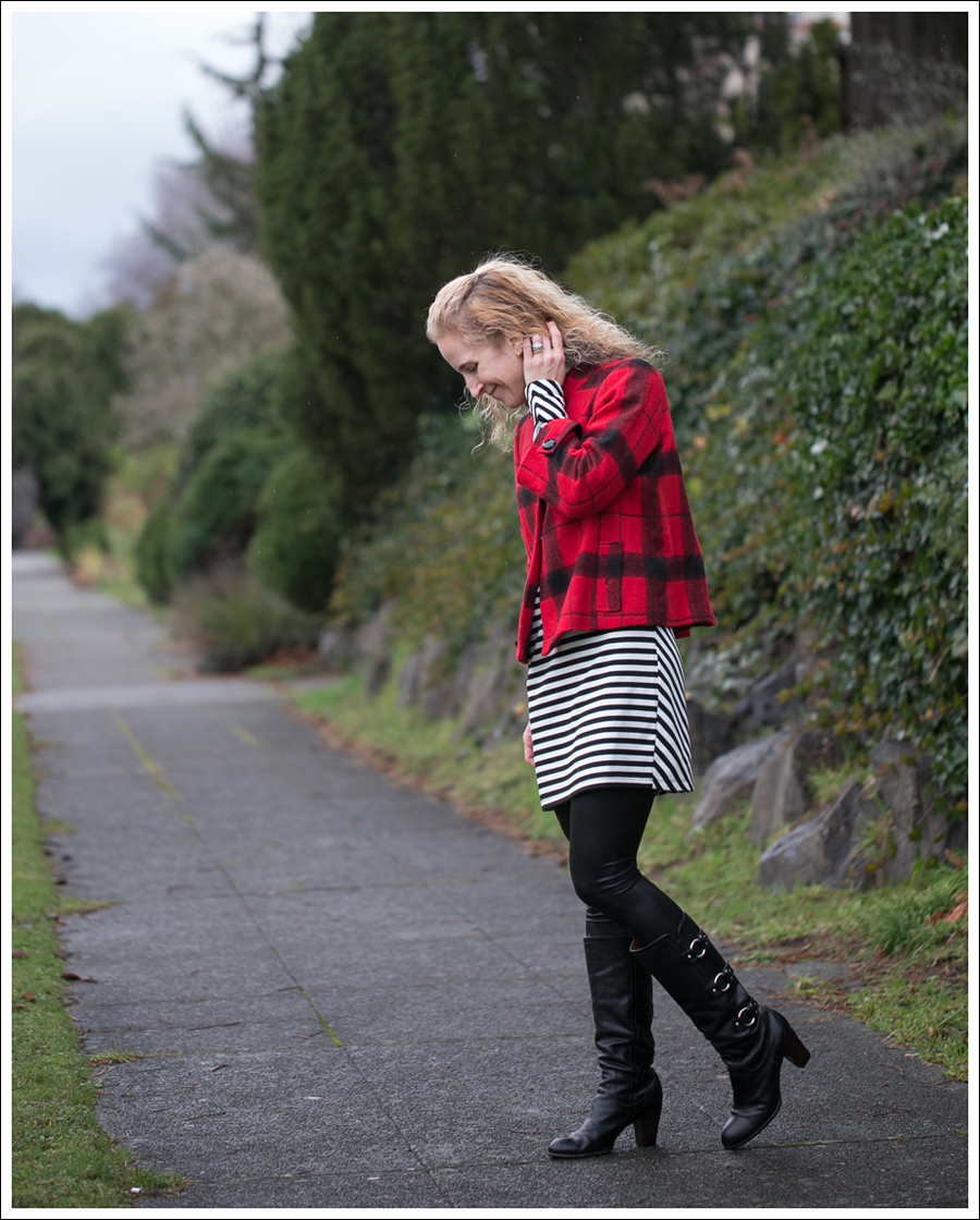Blog Elliot Lauren Buffalo Plaid Silence Noise Striped Dress Frye Fiona 3 Strap Boots-2