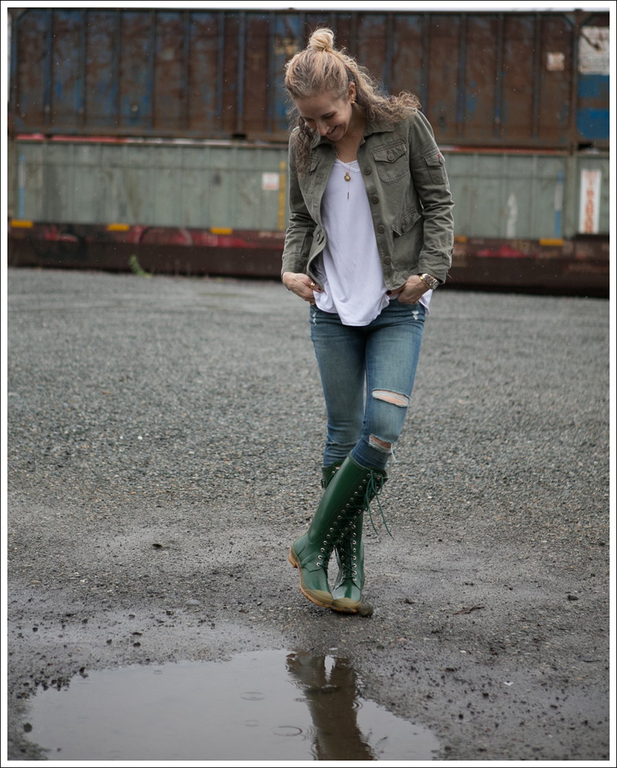 Blog J Crew Military Jacket 3 Dots Tee DL1961 Margaux Gibson Hunter Lace Up Knee Boots-1
