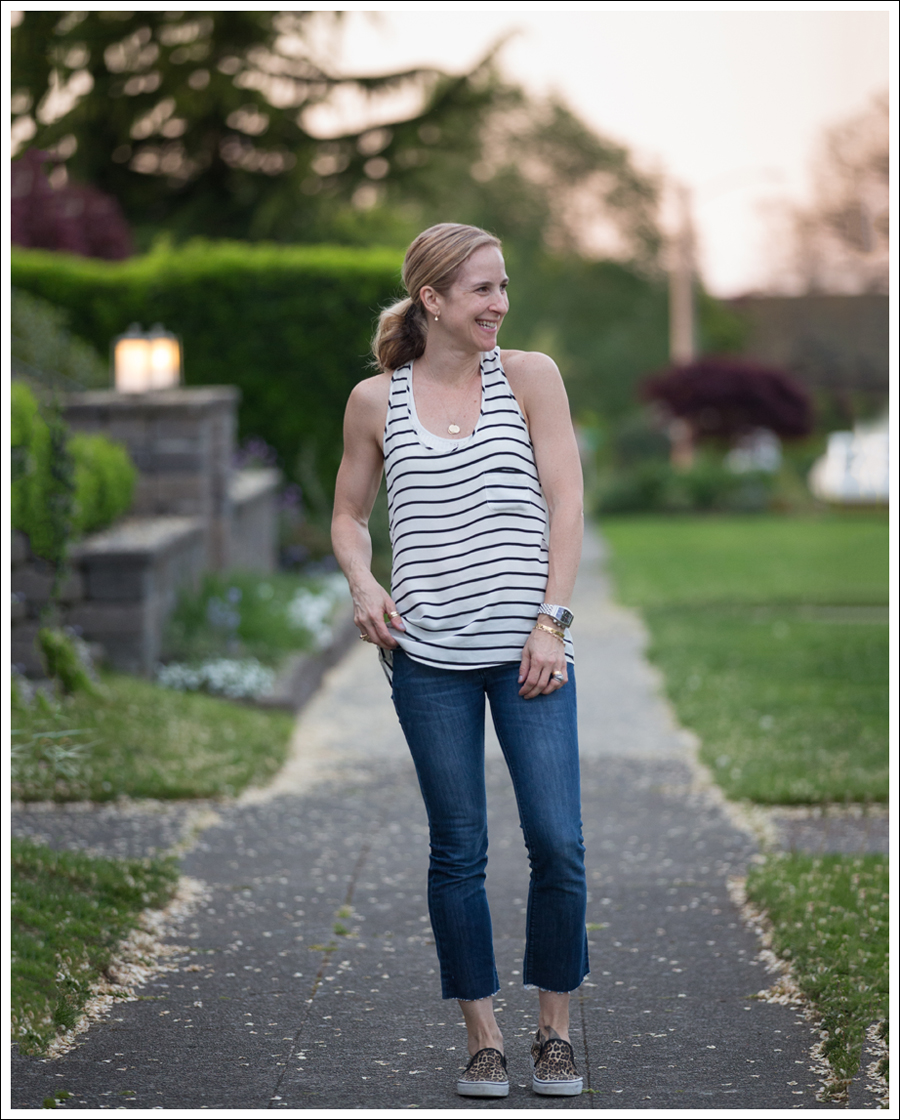 Blog Emerson Thorpe Striped Tank DL1961 DIY Crop Flares Leopard Vans Slip Ons-1