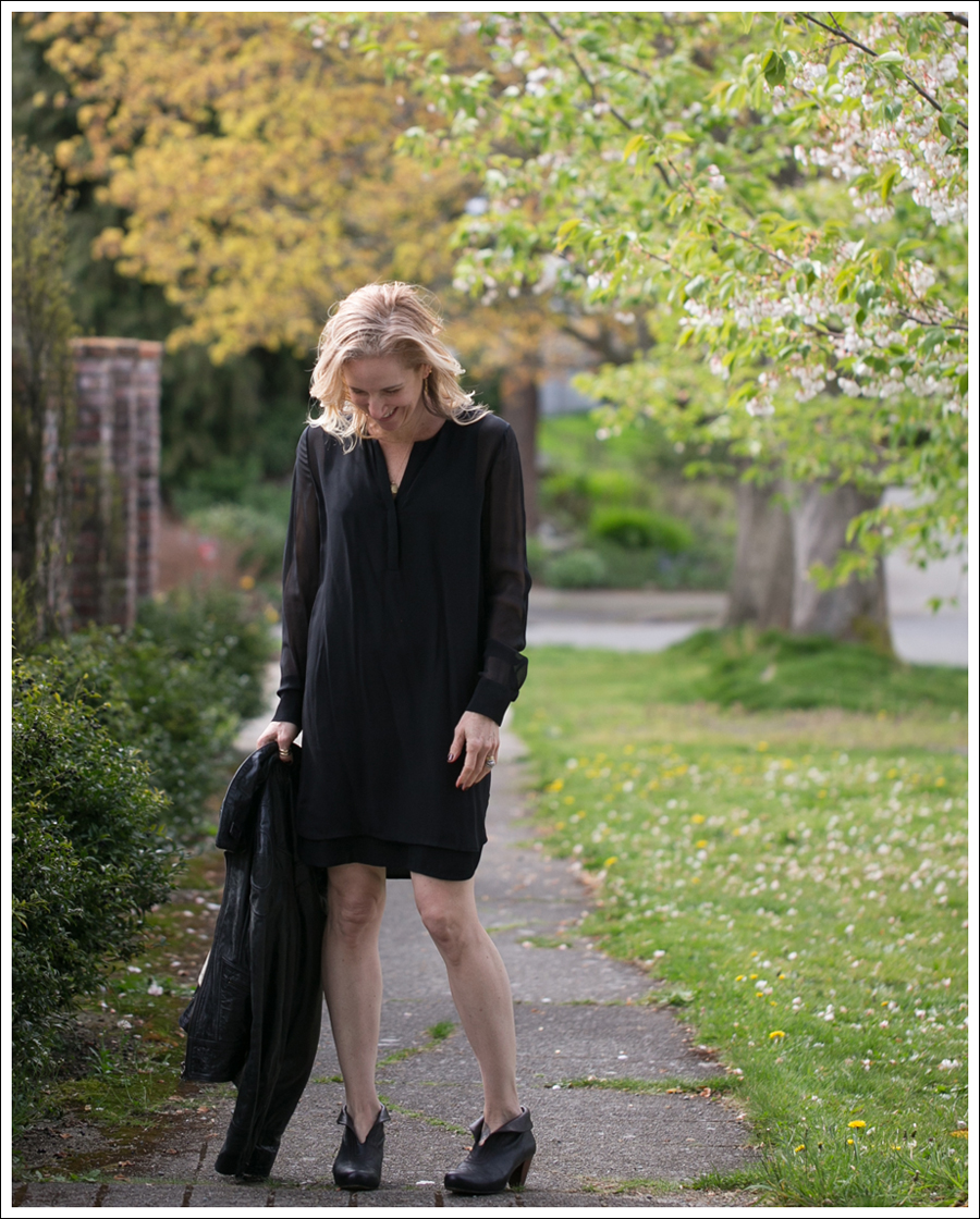 Blog Vince Black Sheer Silk Shirtdress Doma Leather Jacket Frye Lisa Booties-2