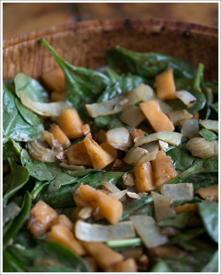 Blog Grilled Onion Cantaloupe Goat Cheese Almond and Spinach Salad-1