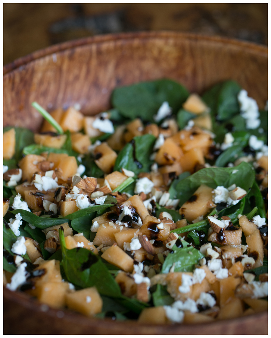 Blog Grilled Onion Cantaloupe Goat Cheese Almond and Spinach Salad-2