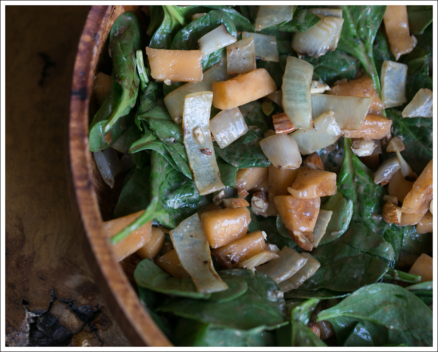 Blog Grilled Onion Cantaloupe Goat Cheese Almond and Spinach Salad-3