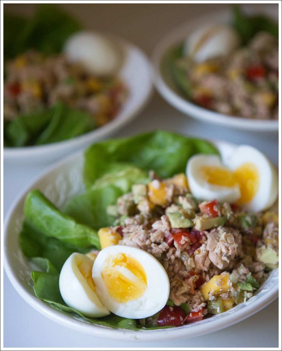 Blog Paleo Whole30 Salmon Avocado Mango Salad with Soft Boiled Egg -1