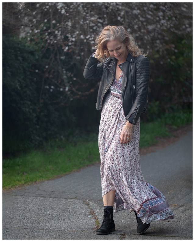 leather jacket floral dress + Boho + Combat Boots leather jacket with maxi dress