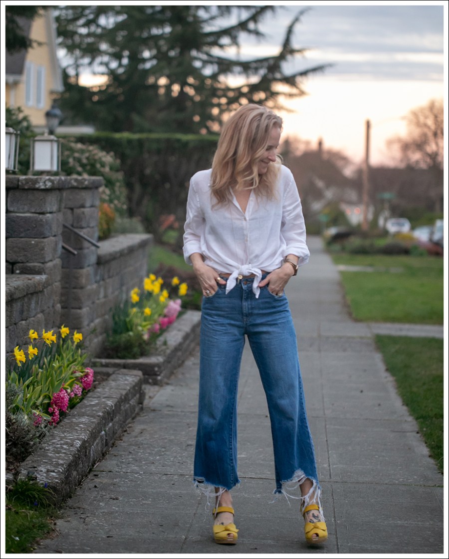Blog 1 J Jill White Button Down DL1961 Hepburn High Waist Denim Sven Yellow Peep Toe Clogs-25