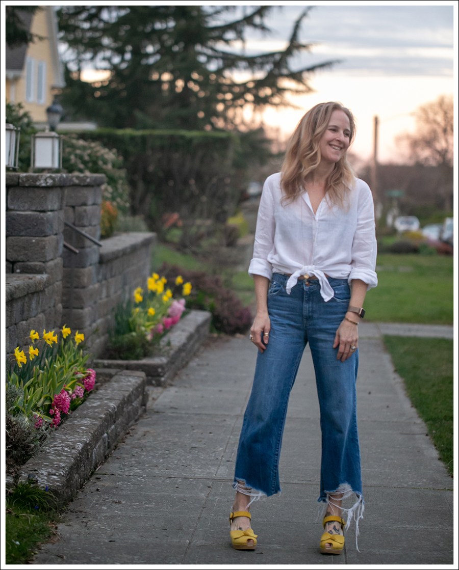 Blog 2 J Jill White Button Down DL1961 Hepburn High Waist Denim Sven Yellow Peep Toe Clogs-32