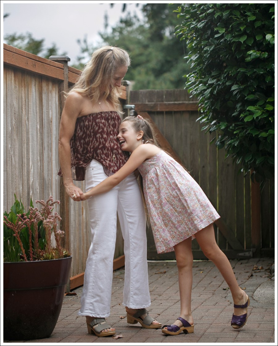 Blog Elizabeth and James Strapless Silk Top Even Denim Charlotte Wide Leg White Jeans Sven two strap Clogs-1