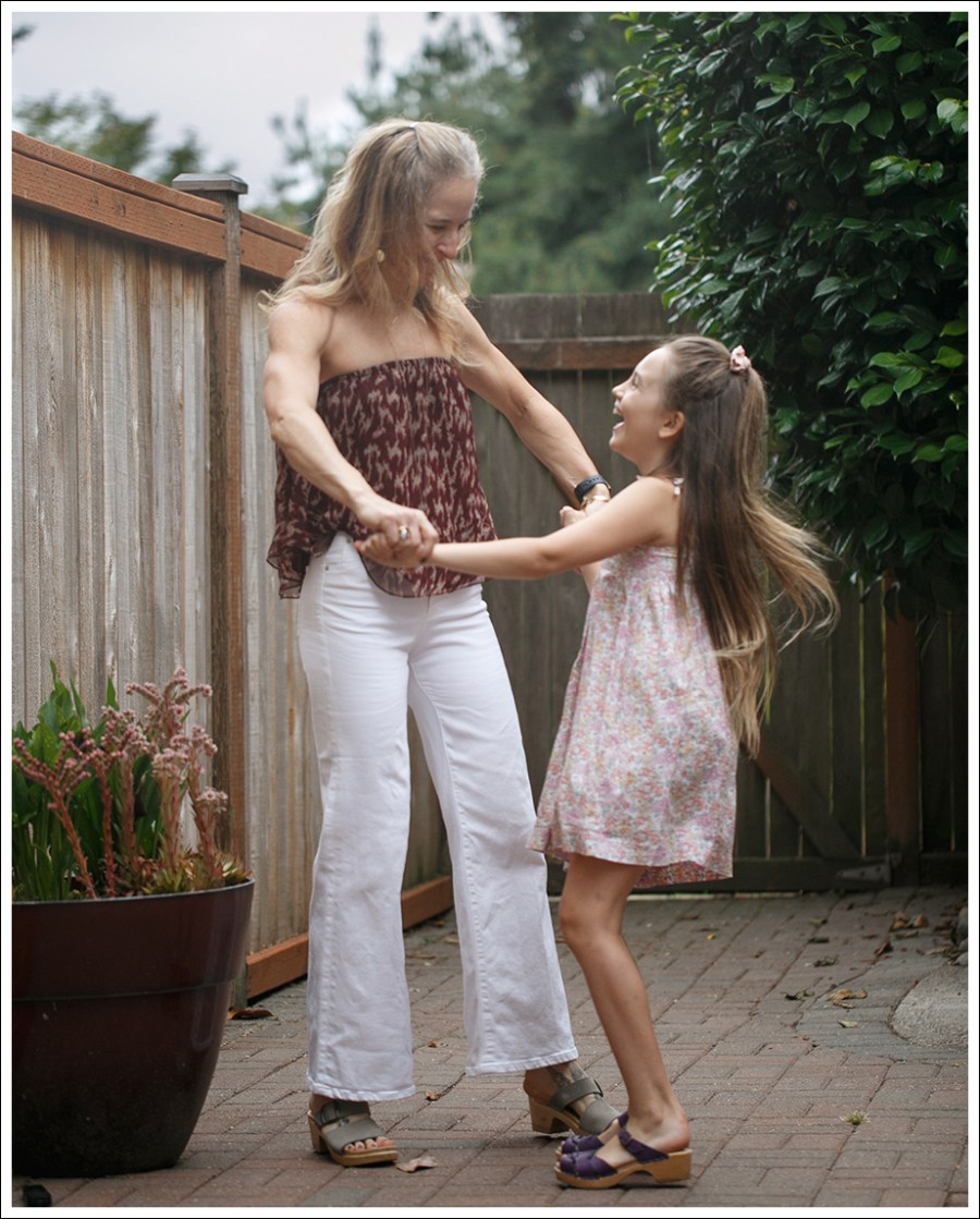 Blog Elizabeth and James Strapless Silk Top Even Denim Charlotte Wide Leg White Jeans Sven two strap Clogs-2