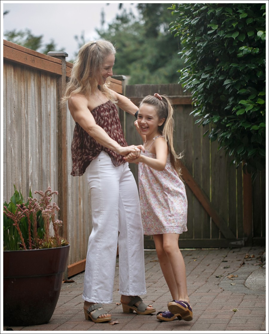 Blog Elizabeth and James Strapless Silk Top Even Denim Charlotte Wide Leg White Jeans Sven two strap Clogs-4