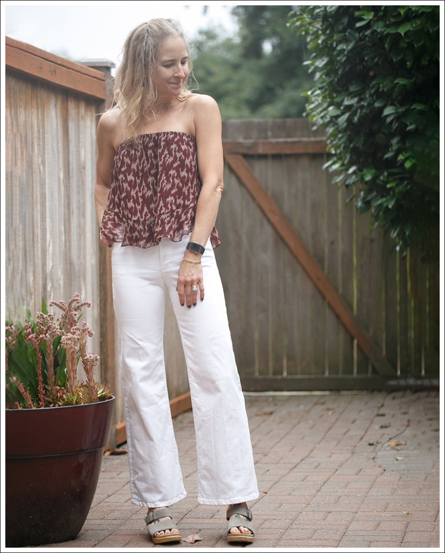 Blog Elizabeth and James Strapless Silk Top Even Denim Charlotte Wide Leg White Jeans Sven two strap Clogs-6