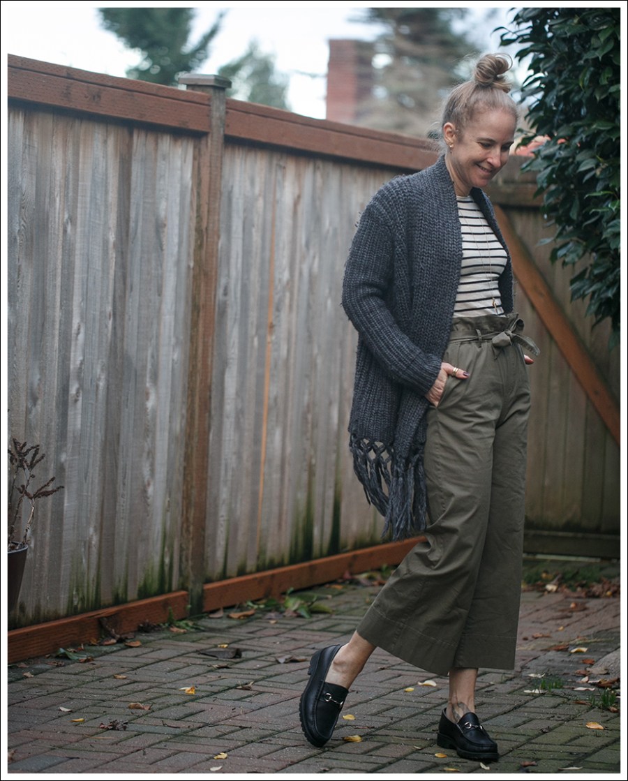 Blog Joie Fringe Cardigan Frame Paper Bag Pants Gucci Loafers-1
