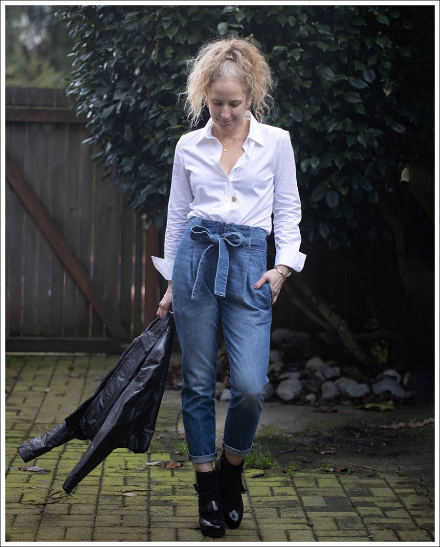 Blog Vintage WIlsons Leather Jacket White Button Down DL1961 Susie Paper Bag Jeans Paul Green Booties-1