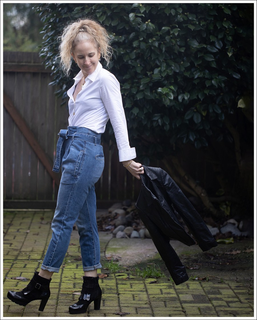 Blog Vintage WIlsons Leather Jacket White Button Down DL1961 Susie Paper Bag Jeans Paul Green Booties-2