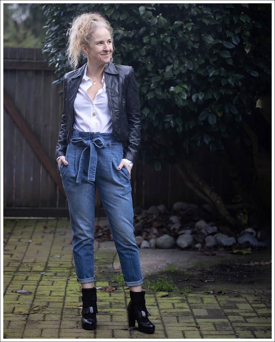 Blog Vintage WIlsons Leather Jacket White Button Down DL1961 Susie Paper Bag Jeans Paul Green Booties-3